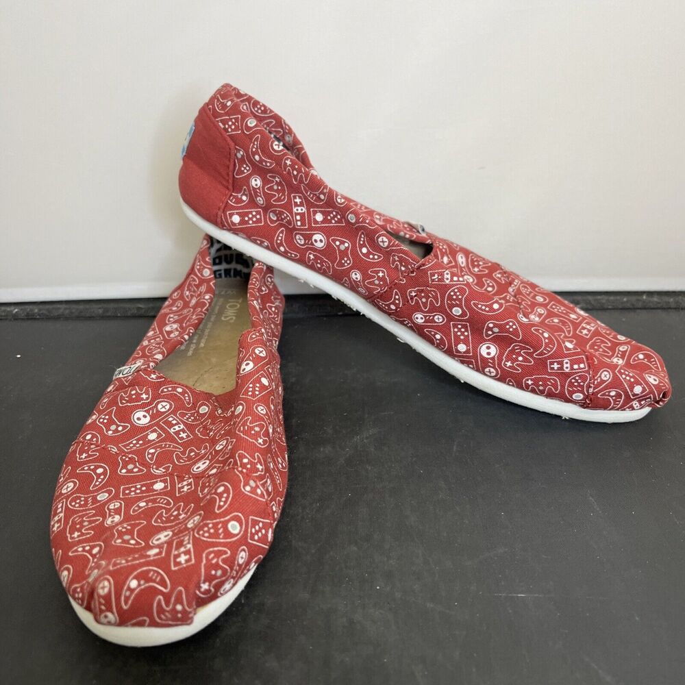 NWOT Toms Shoes Video Game Controller Game Over Red Slip On Canvas Size W7.5